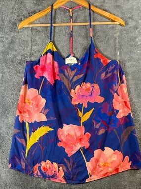 Everly Blue Pink Floral Peony V-Neck Cami Tank Top T8855 Womens Medium